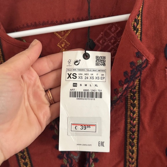 Zara Rust Embroidered Boho Blouse XS NWT - Picture 7 of 10